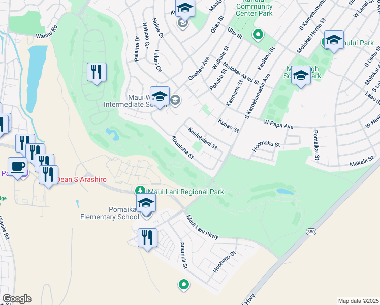 map of restaurants, bars, coffee shops, grocery stores, and more near 116 Kuualoha Street in Kahului