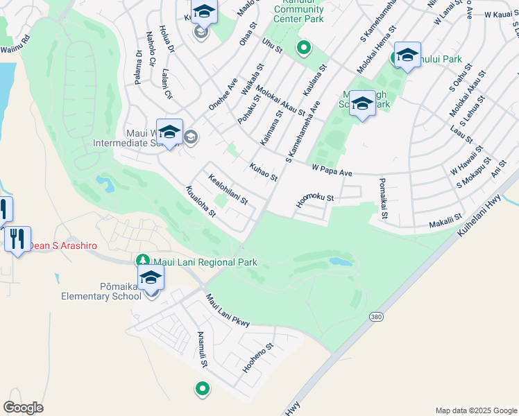 map of restaurants, bars, coffee shops, grocery stores, and more near 22 Kealohilani Street in Kahului