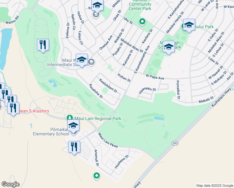 map of restaurants, bars, coffee shops, grocery stores, and more near 37 Kealohilani Street in Kahului