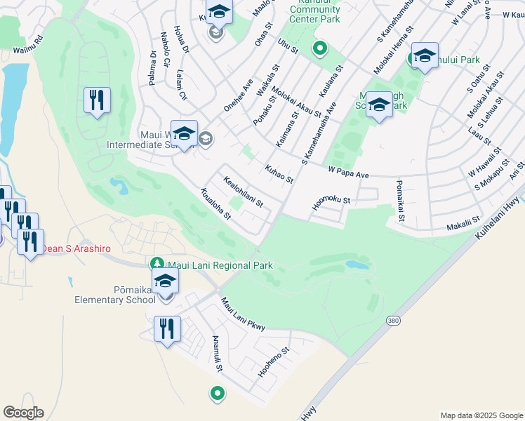 map of restaurants, bars, coffee shops, grocery stores, and more near 37 Kealohilani Street in Kahului