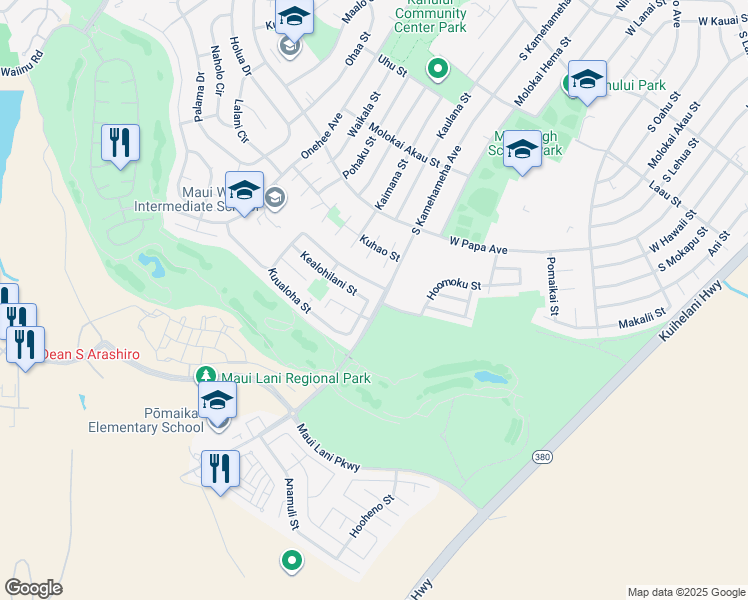 map of restaurants, bars, coffee shops, grocery stores, and more near 22 Kealohilani Street in Kahului