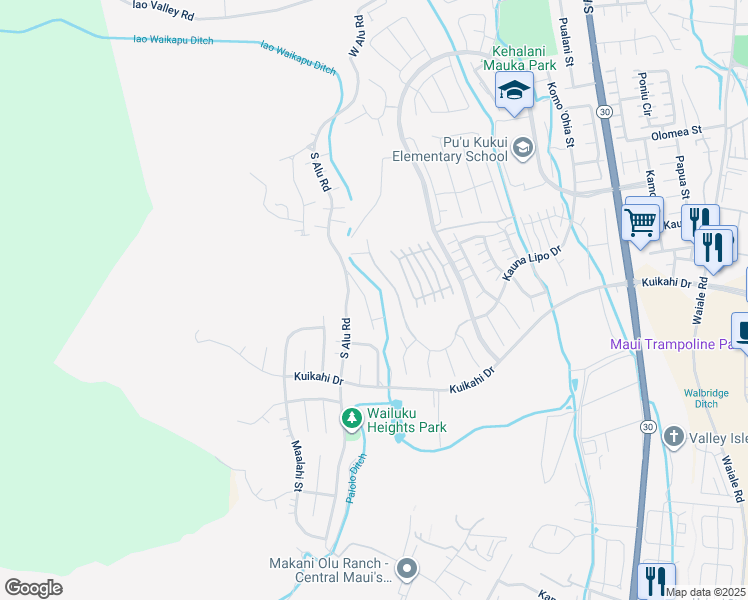 map of restaurants, bars, coffee shops, grocery stores, and more near 447 Palani Place in Wailuku