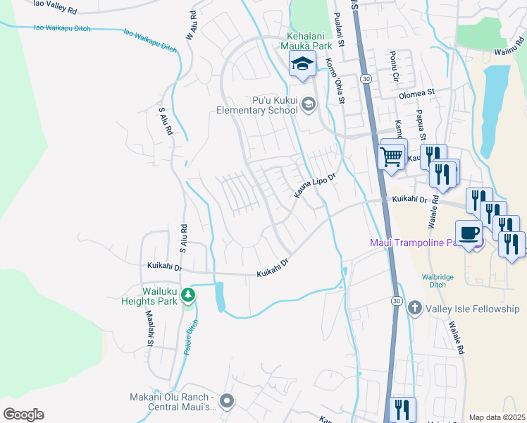 map of restaurants, bars, coffee shops, grocery stores, and more near 356 Maka Hou Loop in Wailuku