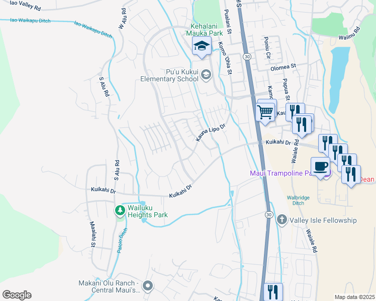 map of restaurants, bars, coffee shops, grocery stores, and more near 412 Maka Hou Loop in Wailuku