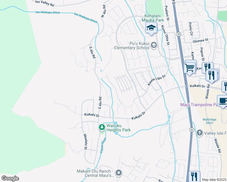 map of restaurants, bars, coffee shops, grocery stores, and more near 577 Kauna Lipo Drive in Wailuku