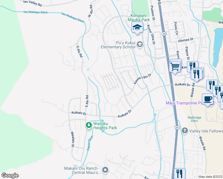 map of restaurants, bars, coffee shops, grocery stores, and more near 61 Laukona Street in Wailuku