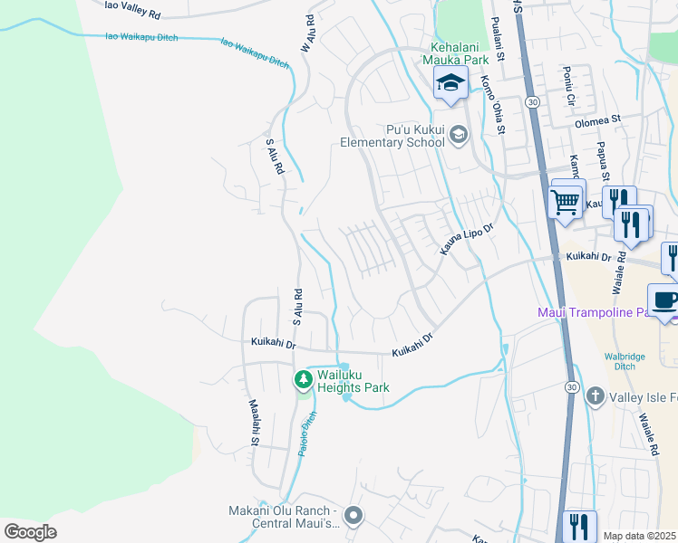 map of restaurants, bars, coffee shops, grocery stores, and more near 577 Kauna Lipo Drive in Wailuku