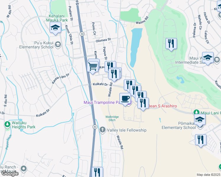 map of restaurants, bars, coffee shops, grocery stores, and more near Waiale Road in Maui County