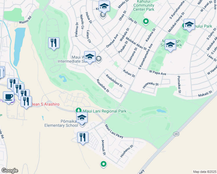 map of restaurants, bars, coffee shops, grocery stores, and more near 112 Kuualoha Street in Kahului