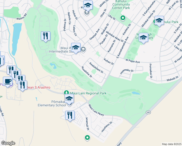 map of restaurants, bars, coffee shops, grocery stores, and more near 112 Kuualoha Street in Kahului