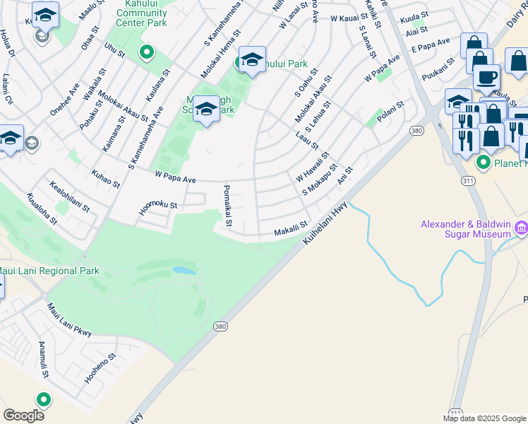 map of restaurants, bars, coffee shops, grocery stores, and more near 427 South Mokapu Street in Kahului