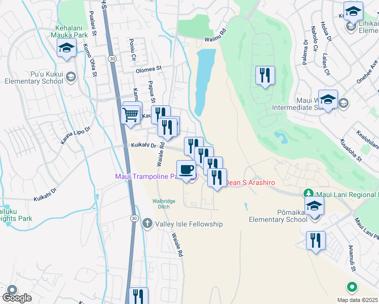 map of restaurants, bars, coffee shops, grocery stores, and more near Kuihelani Highway in Maui County