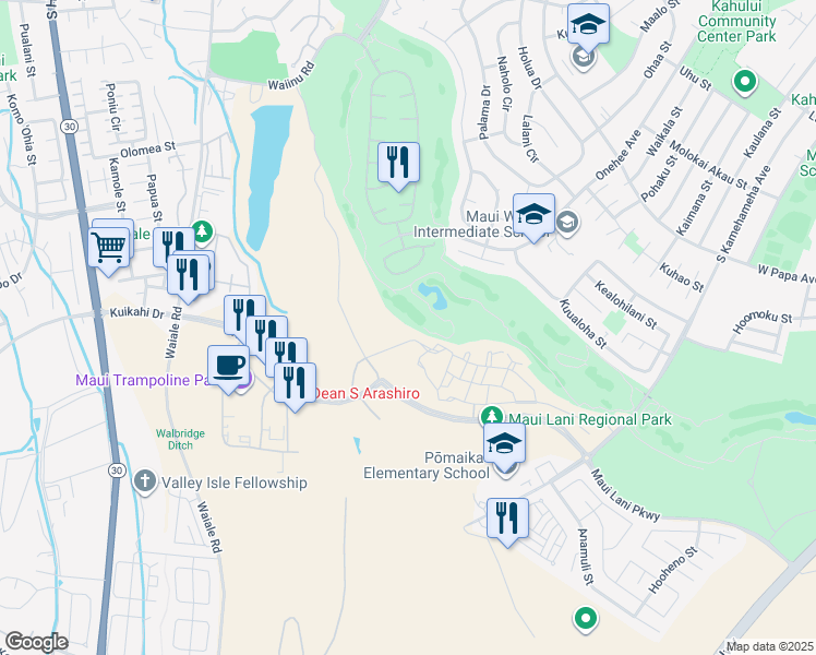 map of restaurants, bars, coffee shops, grocery stores, and more near 120 Unahe Place in Kahului