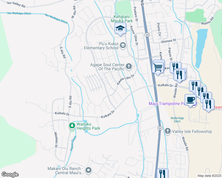 map of restaurants, bars, coffee shops, grocery stores, and more near 378 Maka Hou Loop in Wailuku