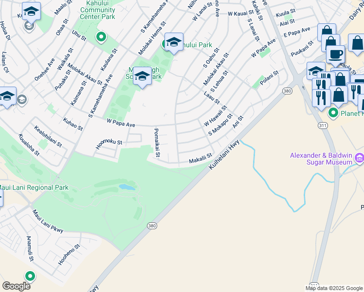 map of restaurants, bars, coffee shops, grocery stores, and more near 427 South Mokapu Street in Kahului