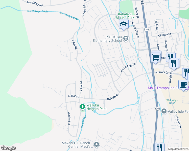 map of restaurants, bars, coffee shops, grocery stores, and more near 0 Kauna Lipo Drive in Wailuku