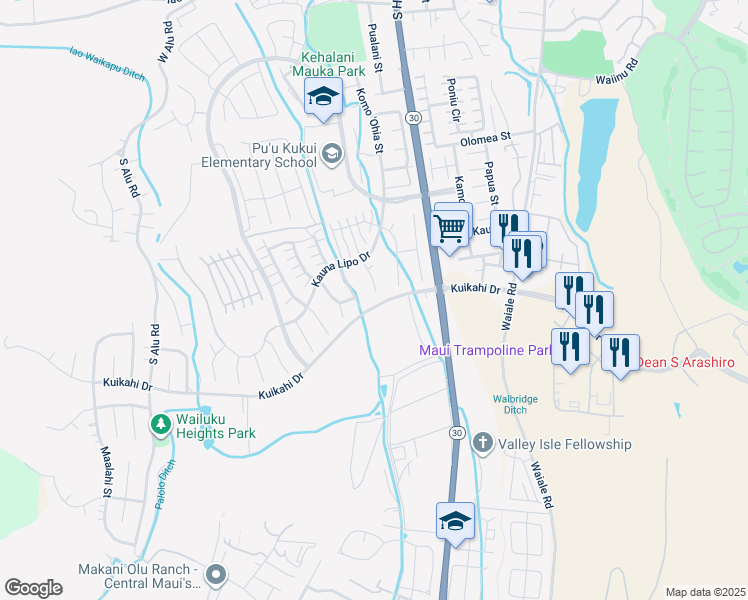 map of restaurants, bars, coffee shops, grocery stores, and more near 5 Kumulipo Place in Wailuku