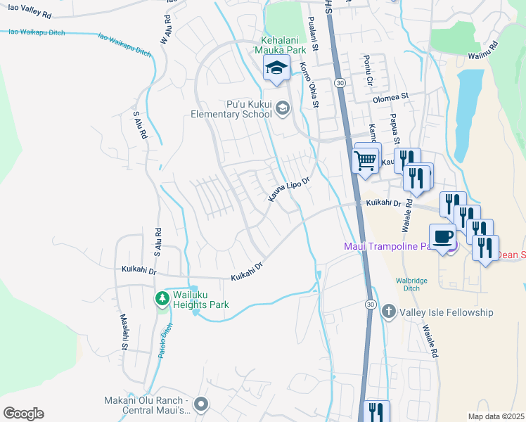 map of restaurants, bars, coffee shops, grocery stores, and more near 407 Maka Hou Loop in Wailuku