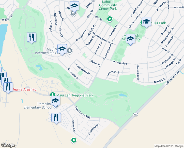 map of restaurants, bars, coffee shops, grocery stores, and more near 30 Kealohilani Street in Kahului