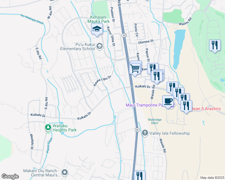 map of restaurants, bars, coffee shops, grocery stores, and more near 5 Kumulipo Place in Wailuku