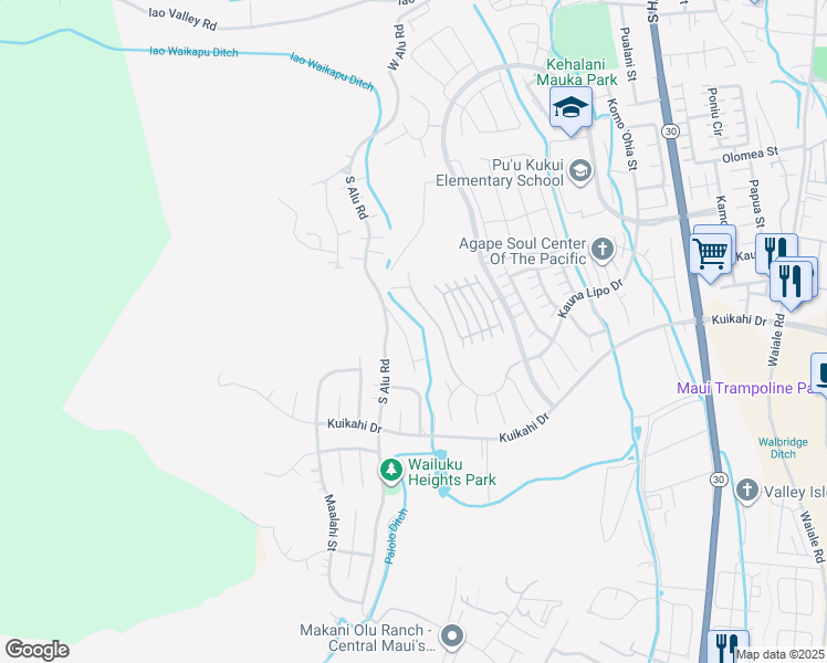 map of restaurants, bars, coffee shops, grocery stores, and more near 435 Palani Place in Wailuku