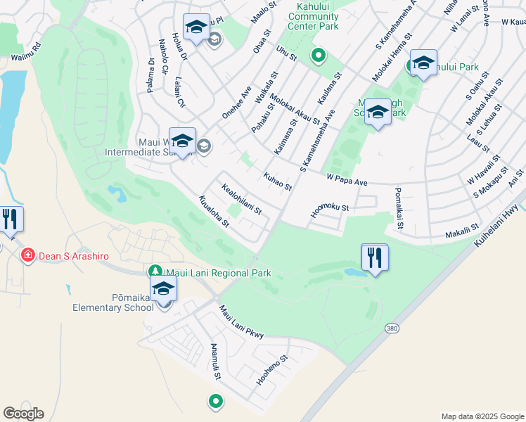 map of restaurants, bars, coffee shops, grocery stores, and more near 38 Kealohilani Street in Kahului