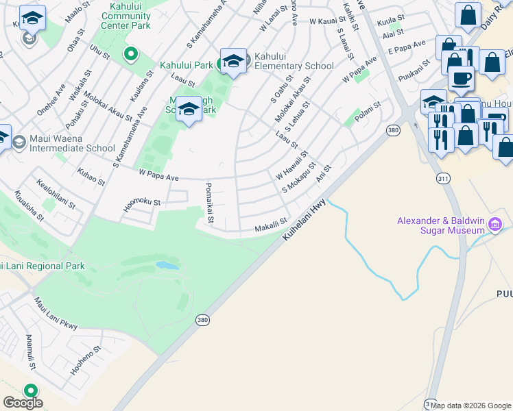 map of restaurants, bars, coffee shops, grocery stores, and more near 399 South Mokapu Street in Kahului