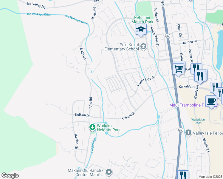 map of restaurants, bars, coffee shops, grocery stores, and more near 64 Awela Circle in Wailuku