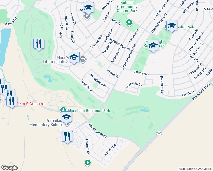 map of restaurants, bars, coffee shops, grocery stores, and more near 38 Kealohilani Street in Kahului