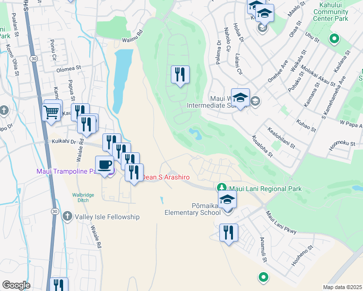 map of restaurants, bars, coffee shops, grocery stores, and more near 93 Kamaiki Circle in Kahului