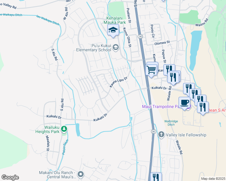 map of restaurants, bars, coffee shops, grocery stores, and more near 84 Kinohi Loa Loop in Wailuku