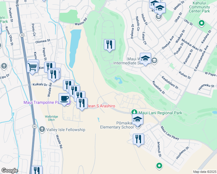 map of restaurants, bars, coffee shops, grocery stores, and more near 93 Kamaiki Circle in Kahului