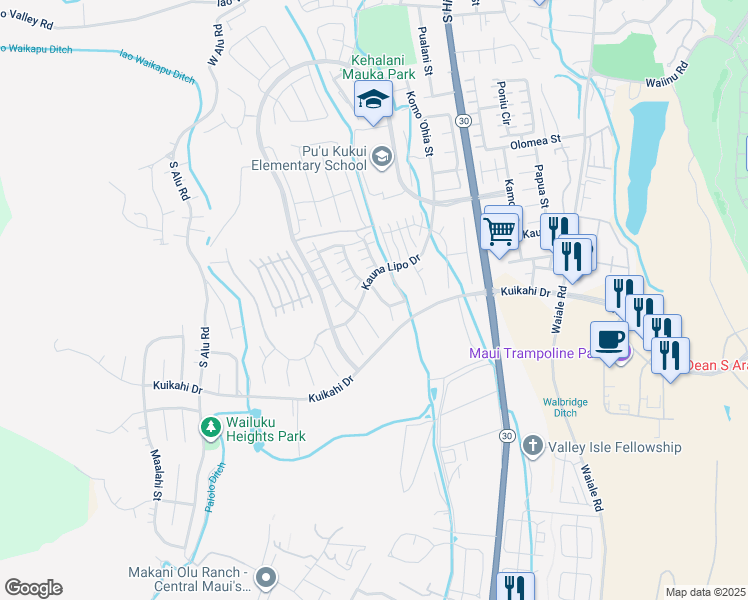 map of restaurants, bars, coffee shops, grocery stores, and more near 84 Kinohi Loa Loop in Wailuku