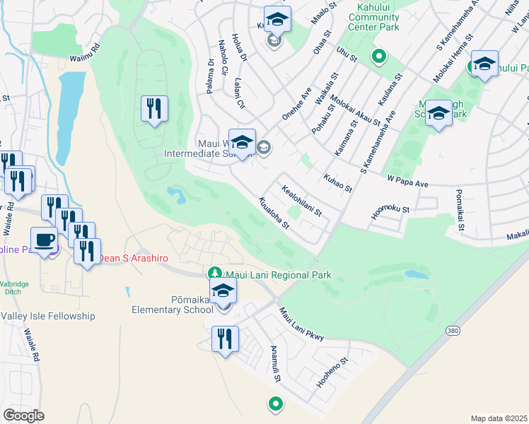 map of restaurants, bars, coffee shops, grocery stores, and more near 159 Akialoa Place in Wailuku