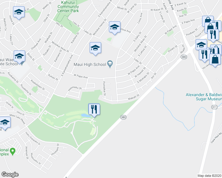 map of restaurants, bars, coffee shops, grocery stores, and more near 445 Poheoheo Place in Kahului