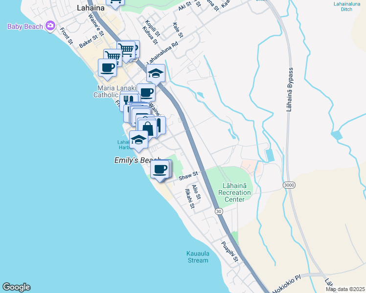 map of restaurants, bars, coffee shops, grocery stores, and more near 570 Waine'e Street in Lahaina