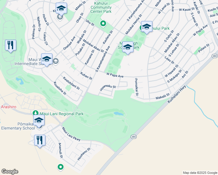 map of restaurants, bars, coffee shops, grocery stores, and more near 161 Hoomoku Street in Kahului