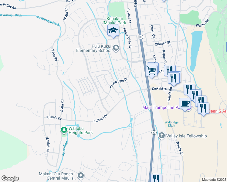 map of restaurants, bars, coffee shops, grocery stores, and more near 84 Kinohi Loa Loop in Wailuku