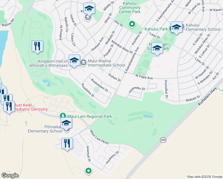 map of restaurants, bars, coffee shops, grocery stores, and more near 52 Kealohilani Street in Kahului