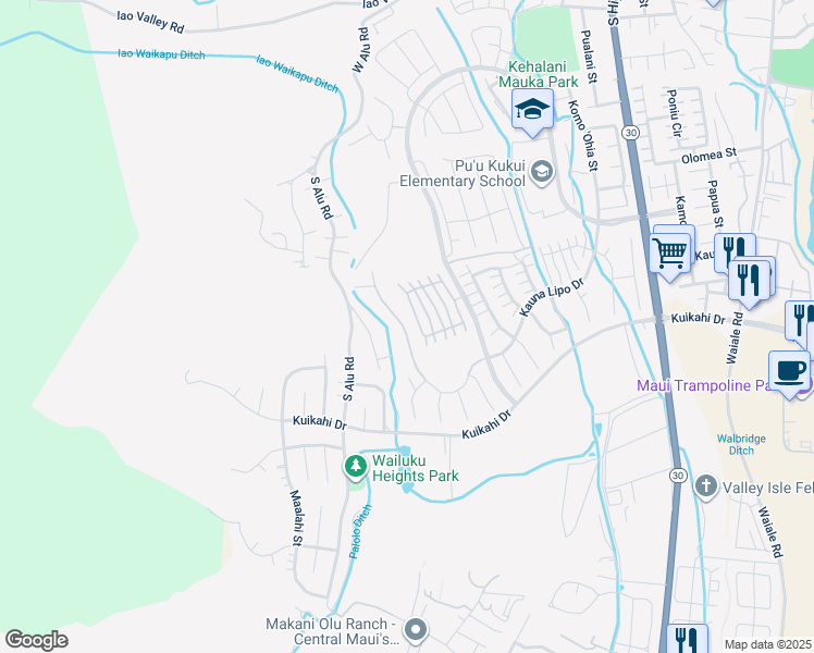 map of restaurants, bars, coffee shops, grocery stores, and more near 0 Kauna Lipo Drive in Wailuku