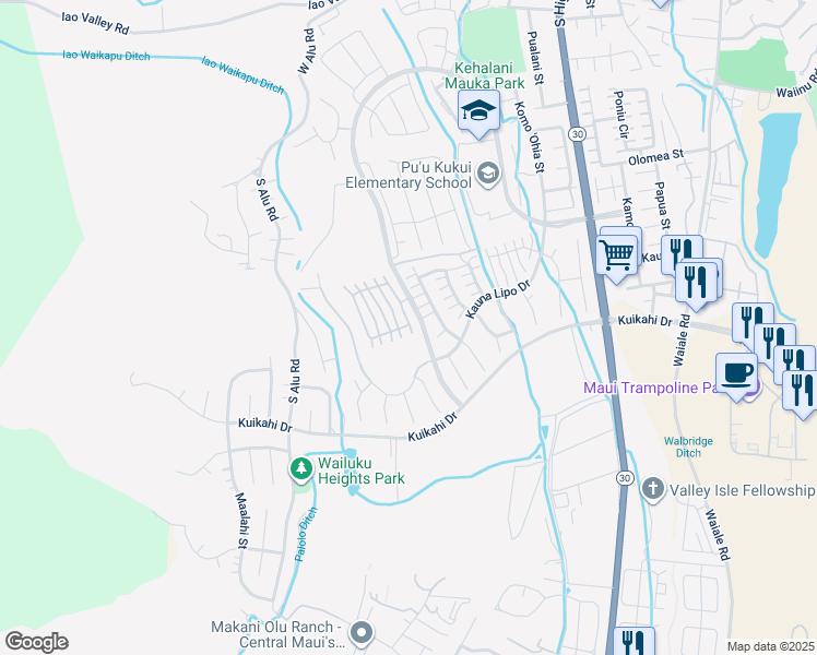 map of restaurants, bars, coffee shops, grocery stores, and more near 55 Awela Circle in Wailuku