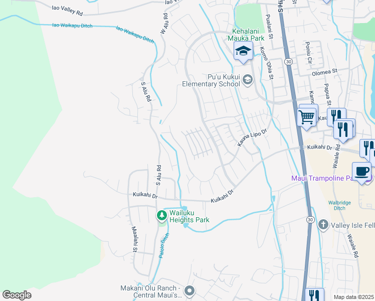 map of restaurants, bars, coffee shops, grocery stores, and more near 582 Kauna Lipo Drive in Wailuku