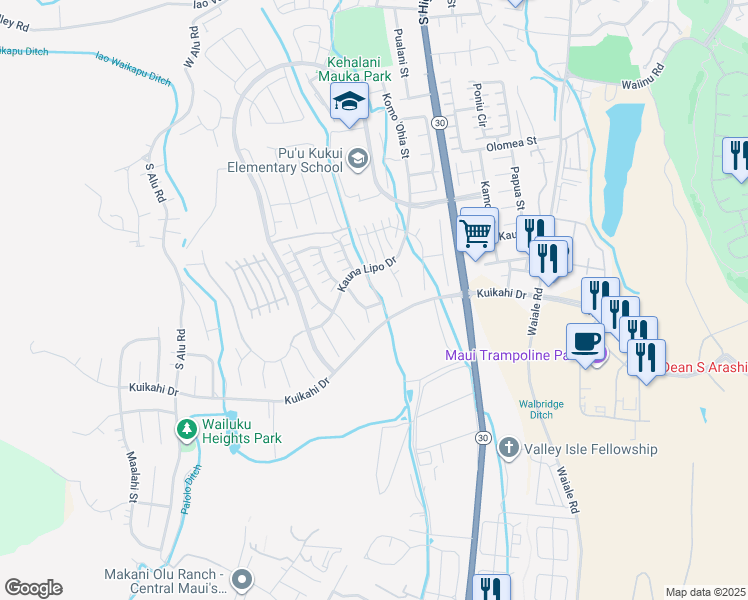 map of restaurants, bars, coffee shops, grocery stores, and more near 133 Kinohi Loa Loop in Wailuku