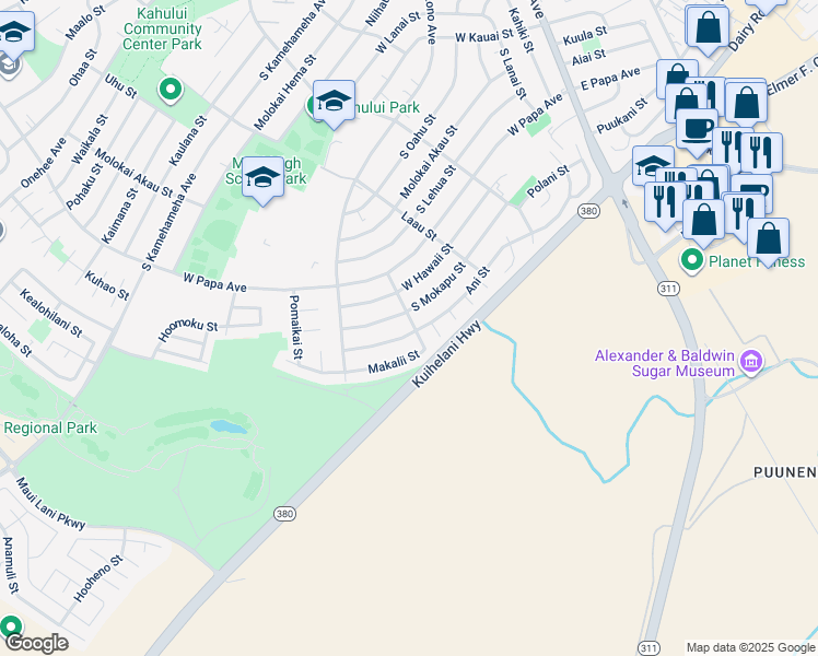 map of restaurants, bars, coffee shops, grocery stores, and more near 794 Makalii Street in Kahului