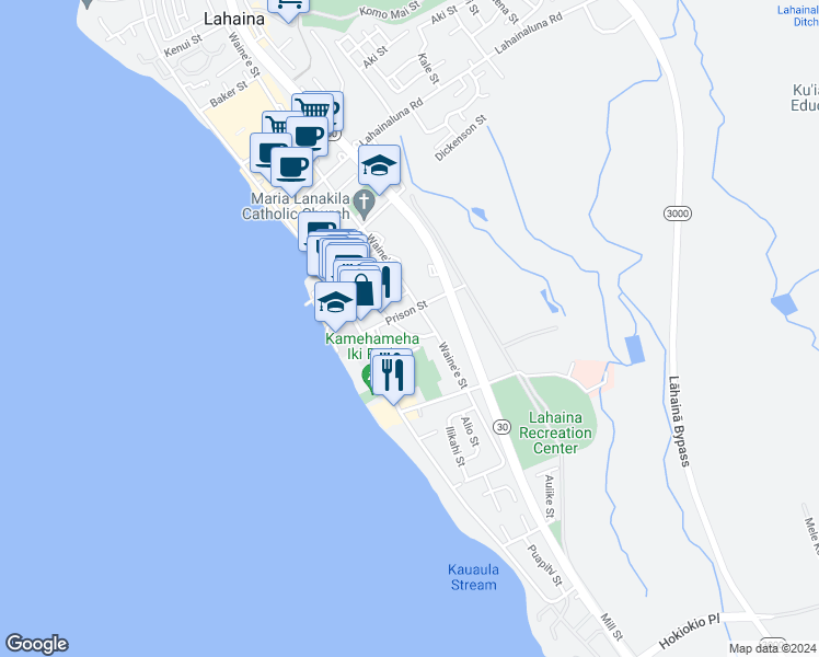 map of restaurants, bars, coffee shops, grocery stores, and more near 580 Luakini Street in Lahaina