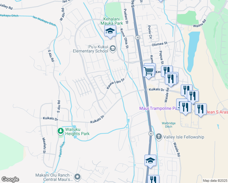 map of restaurants, bars, coffee shops, grocery stores, and more near 95 Kinohi Loa Loop in Wailuku