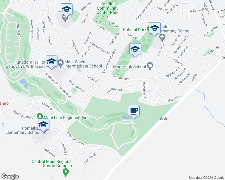 map of restaurants, bars, coffee shops, grocery stores, and more near 171 Hoomoku Street in Kahului