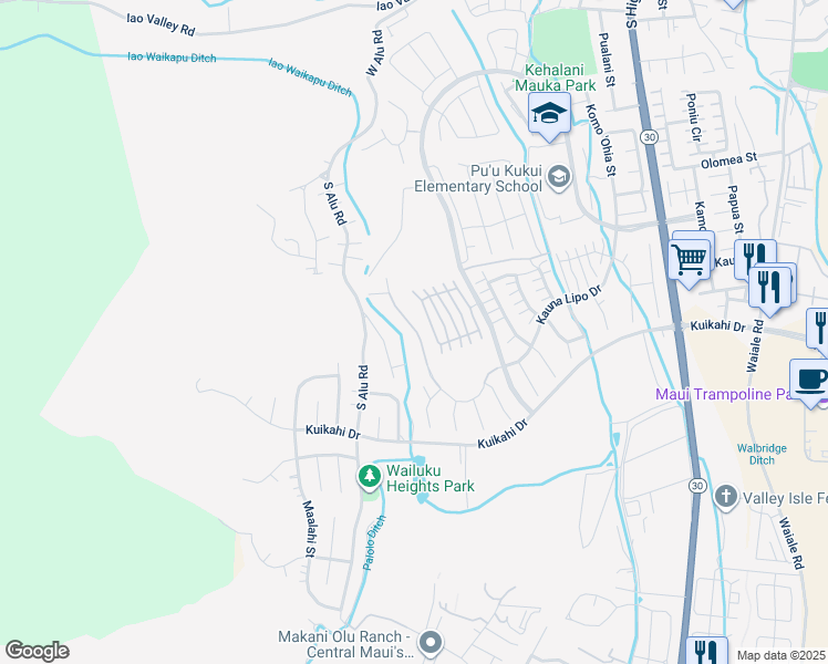 map of restaurants, bars, coffee shops, grocery stores, and more near 598 Kauna Lipo Drive in Wailuku