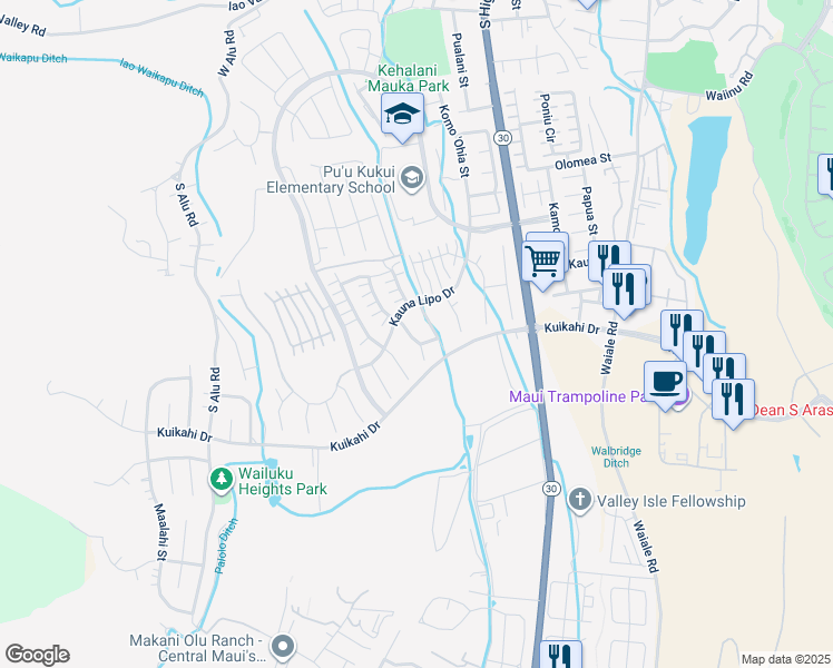 map of restaurants, bars, coffee shops, grocery stores, and more near 95 Kinohi Loa Loop in Wailuku