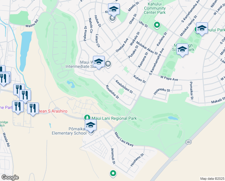 map of restaurants, bars, coffee shops, grocery stores, and more near 144 Kuualoha Street in Kahului